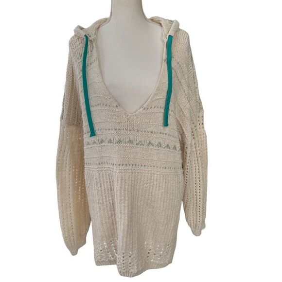 Free People One That I Want Oversized Crochet Hooded Balloon Sleeve Sweater XL - Picture 1 of 8